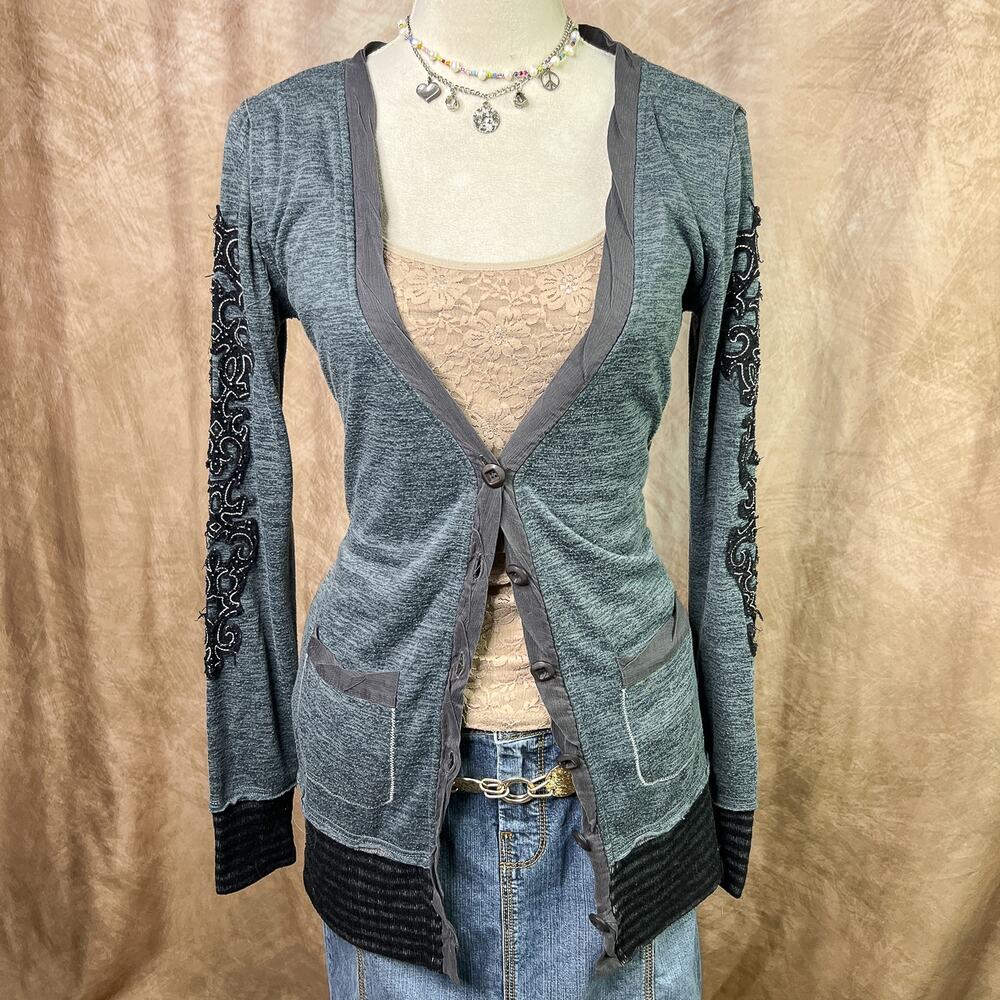Y2K Miss Me Cardigan Patchwork Rocaille Sweater Deep V Neck Button Up Indie Goth